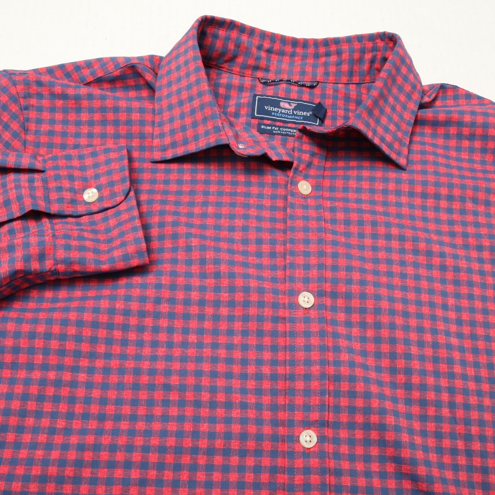 Vineyard Vines Performance Shirt Men Large Blue Red Check Cooper Slim Fit